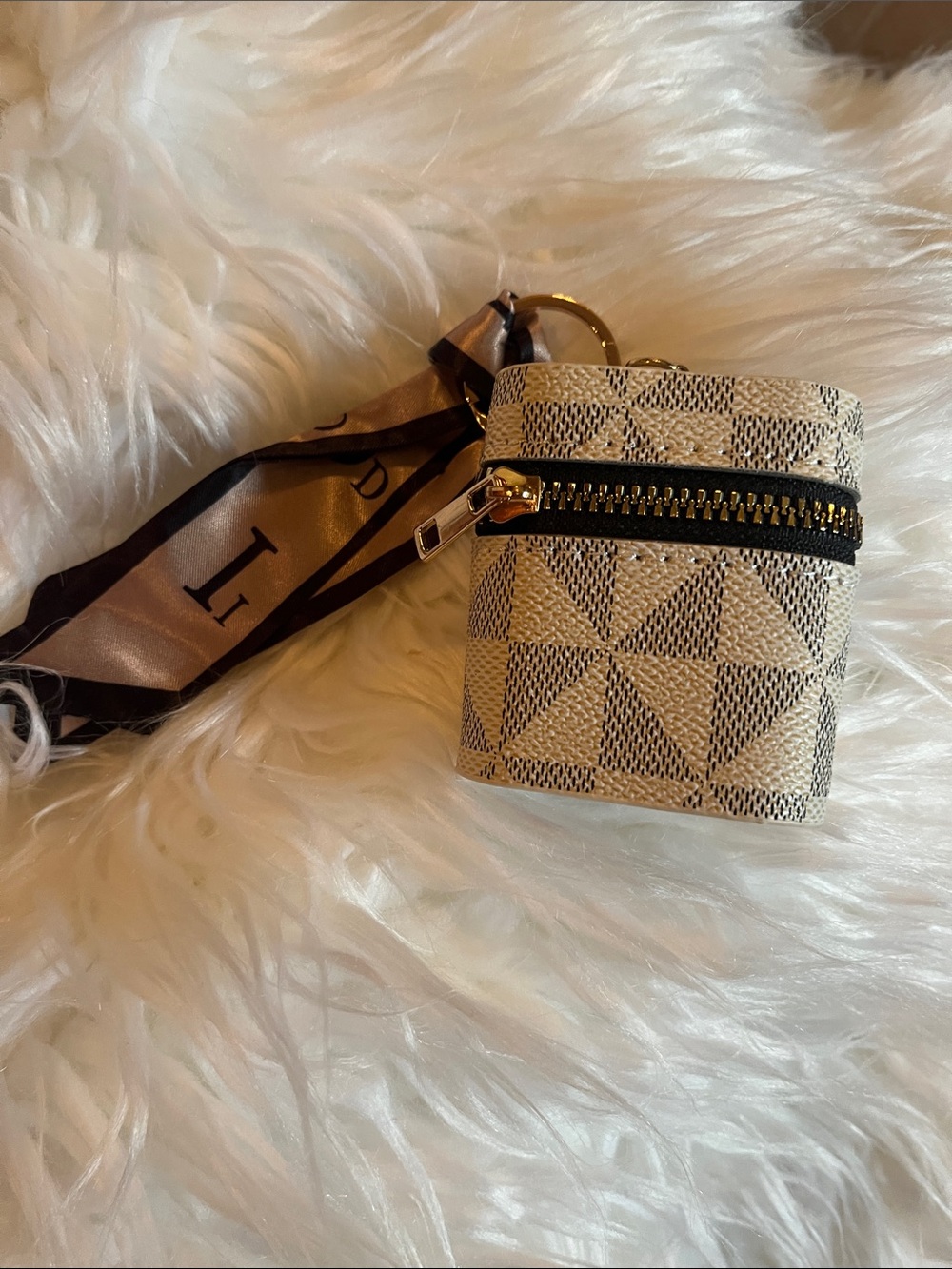Neutral Geometric Mini Pouch Keychain with Gold Hardware bag charm